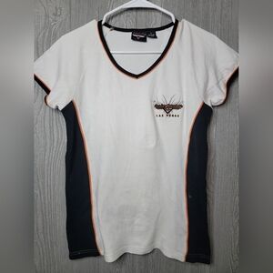 Harley-Davidson White and Black V-Neck T-Shirt Small Call Out On Front And back